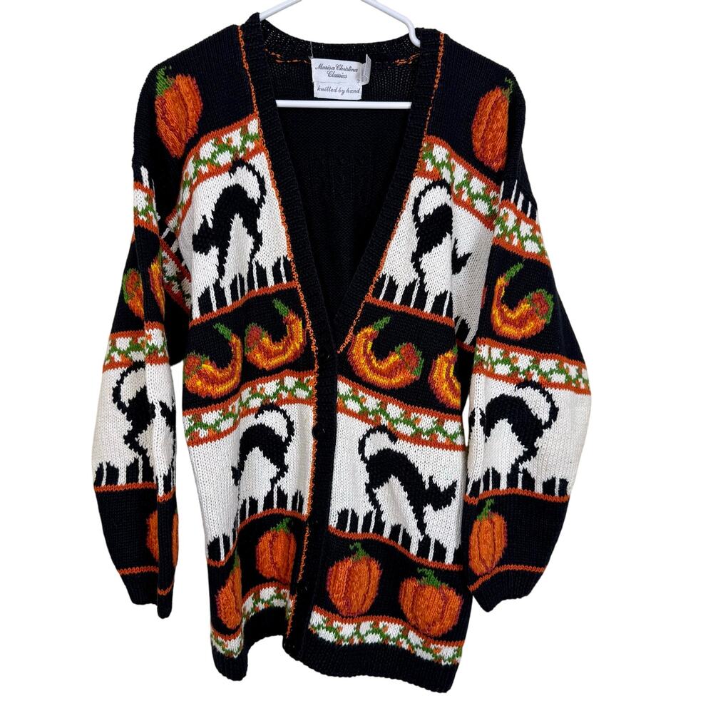 Marisa Christina Black Cream Orange Pumpkin Cat Halloween Cardigan